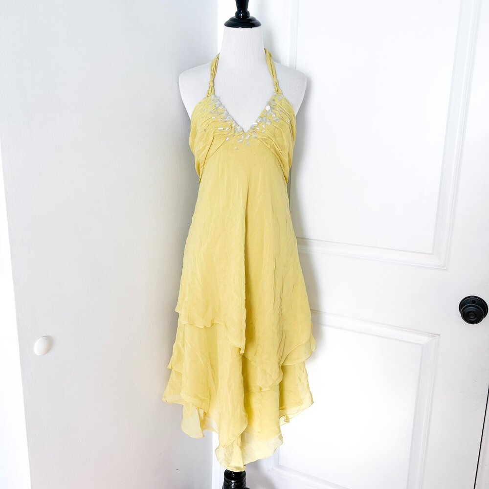 bcbg yellow halter dress BCBGMaxAzria | Dresses | Bcbgmaxazria Ruched Bodice Asymmetrical Hem Midi 0 Silk Sequins 1916782116134547456